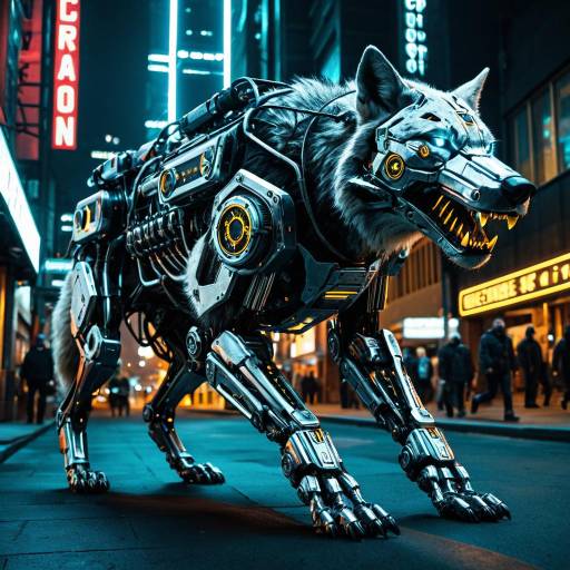 Cybernetic Wolf with Chrome Exoskeleton in Neon City Cybernetic Wolf with Chrome Exoskeleton in Neon City