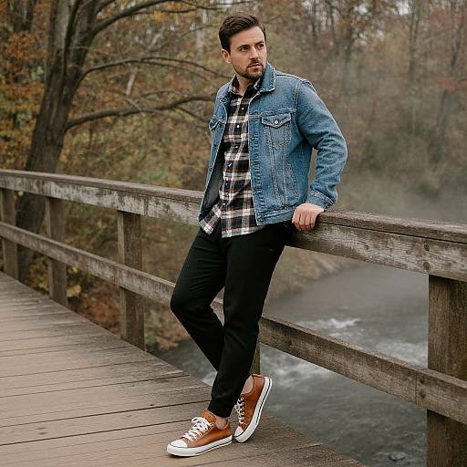 Photograph of a bearded man with short brown hair, wearing a blue denim jacket, black plaid shirt, black pants, and brown sneakers,