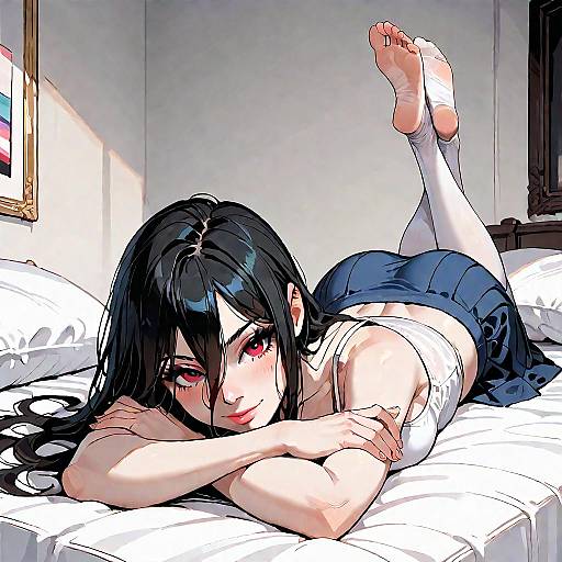 Anime-style digital illustration of a black-haired girl with red eyes, lying on a bed, wearing a white tank top and blue skirt, legs up,