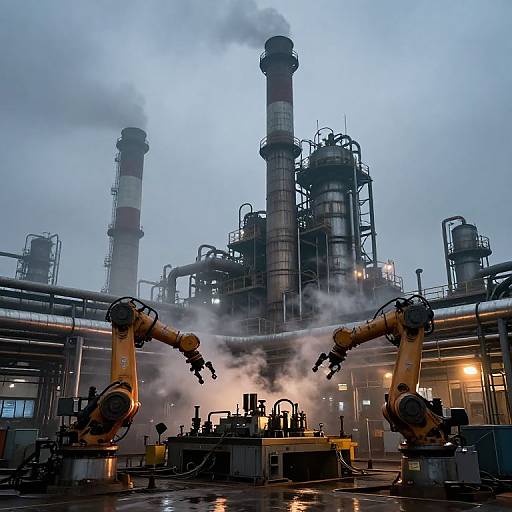 Photograph of a foggy industrial plant with two towering smokestacks, yellow machinery arms, and steam rising in the foreground.