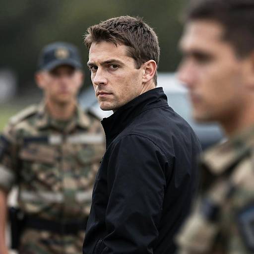 Intense Portrait with Blurred Background Figures