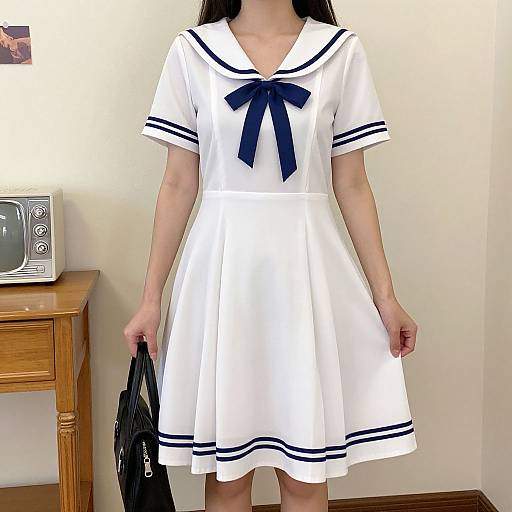 Woman in Sailor Dress Holding Purse