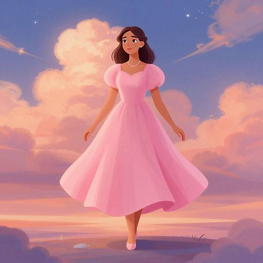 Digital illustration of a brown-skinned woman with long black hair in a pink puffed-sleeve dress, standing against a vibrant pink and purple sunset