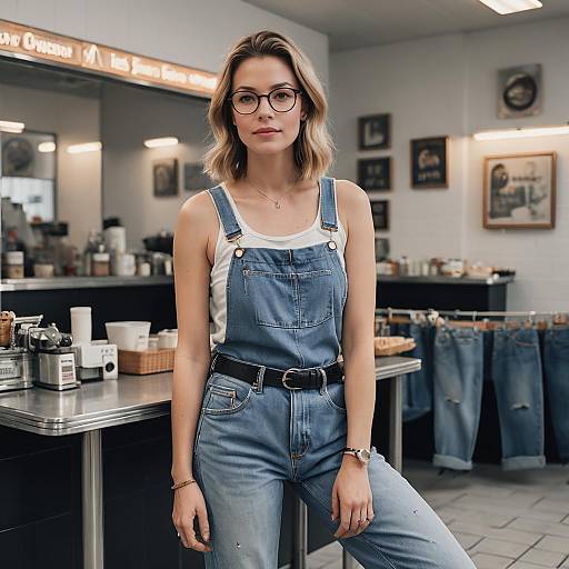 Casual Woman in Denim Overalls and Glasses