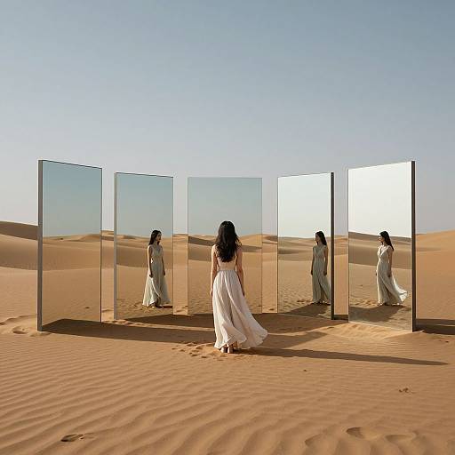 Photograph of a woman with long black hair in a white dress, standing in a desert, facing mirrors reflecting her multiple images. Clear blue sky,