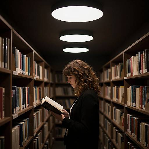Photograph of a curly-haired woman in a black coat reading a book in a dimly lit, long library aisle with circular ceiling lights.