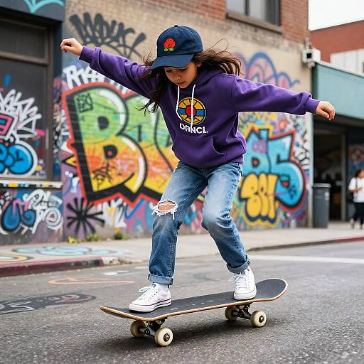 Photograph of a young woman with long brown hair, wearing a purple hoodie, ripped jeans, and a navy cap, skateboarding on a colorful graffiti
