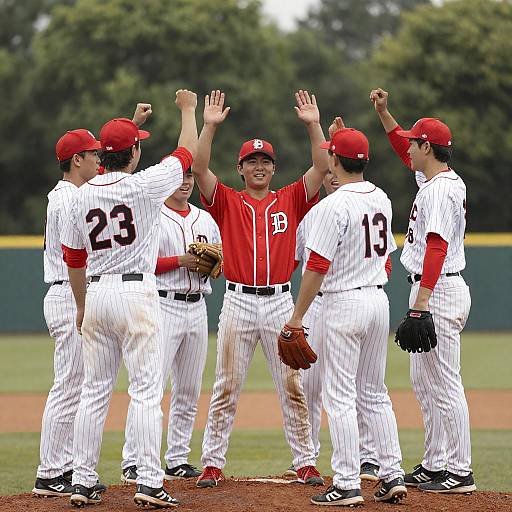 Baseball Team Victory Celebration on Field