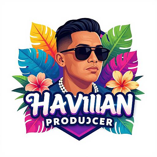 Colorful digital illustration of a tan-skinned man with black hair, sunglasses, and a serious expression, surrounded by tropical leaves and flowers, with 
