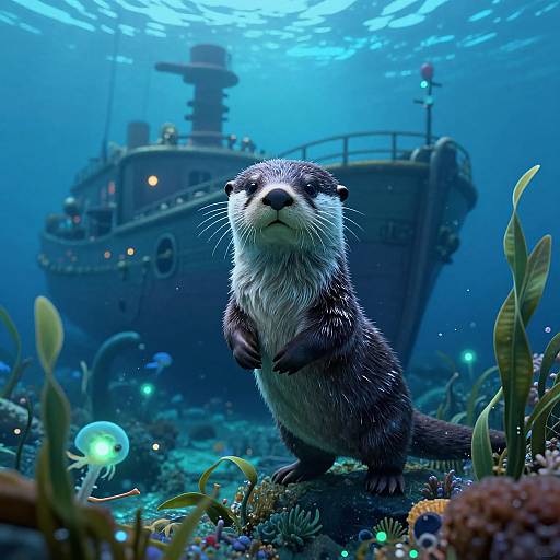 Photograph of an alert otter standing on a coral reef, with a sunken ship in the blue underwater background.