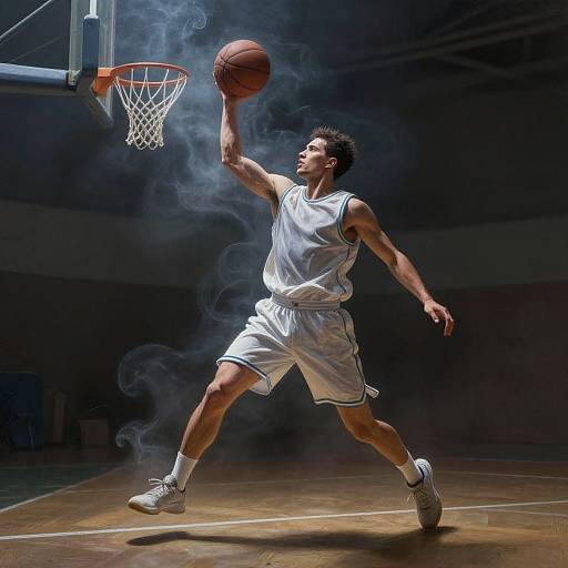 Photograph of a muscular male basketball player in white uniform, mid-dunk, with smoke effect, aiming for the hoop in a dimly lit gym
