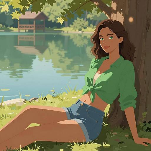 Young Woman Relaxing by the Lake