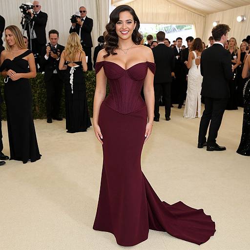 Photograph of a smiling woman with dark, wavy hair in an off-the-shoulder, deep burgundy, mermaid-style gown, standing
