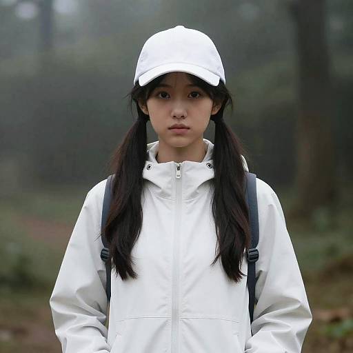 Young Woman in White Jacket and Cap Outdoors