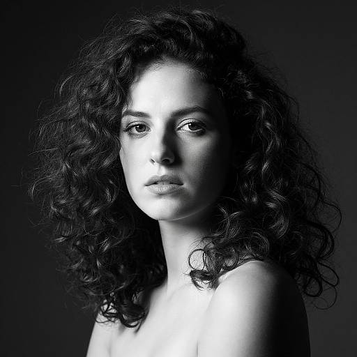 Black and white portrait photograph of a young woman with curly dark hair, illuminated from the front, showcasing her intense gaze against a dark background.