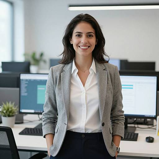 Photograph of smiling, dark-haired woman in gray blazer and white shirt, standing in bright office with computer monitors and potted plant.