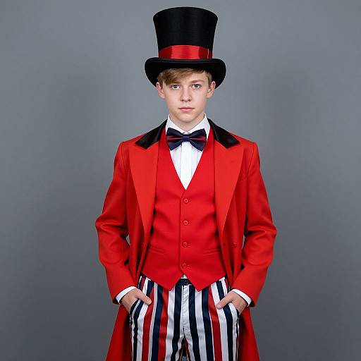 Photograph of a young Caucasian boy in a red tuxedo, black top hat with red band, black bowtie, and black-and-white striped
