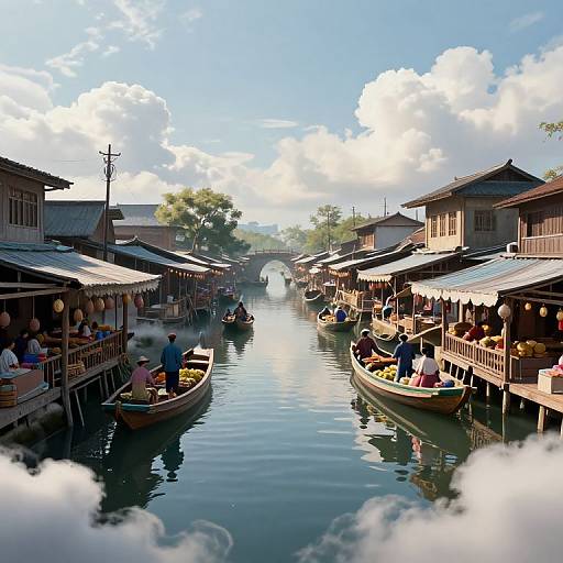 Photograph of a bustling Asian floating market with wooden boats, vendors, and customers under blue skies with fluffy clouds.