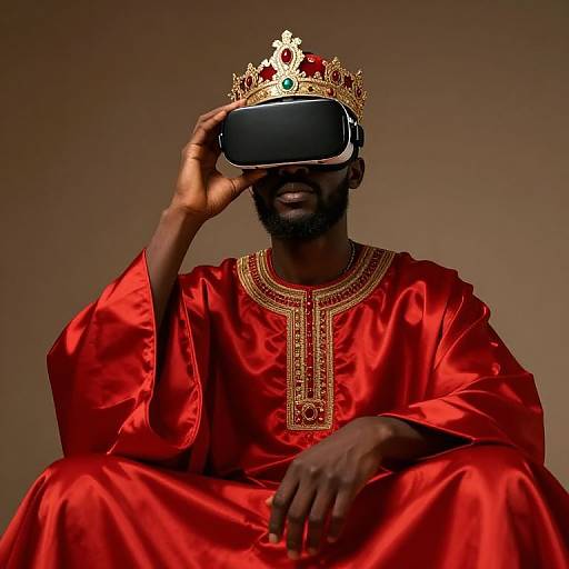 African King Wearing VR Headset in Red Robe