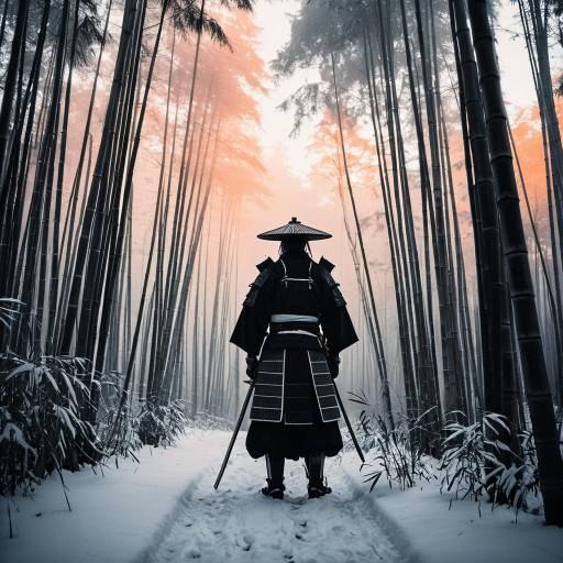 Elegant Samurai in Foggy Bamboo Forest Elegant Samurai in Foggy Bamboo Forest