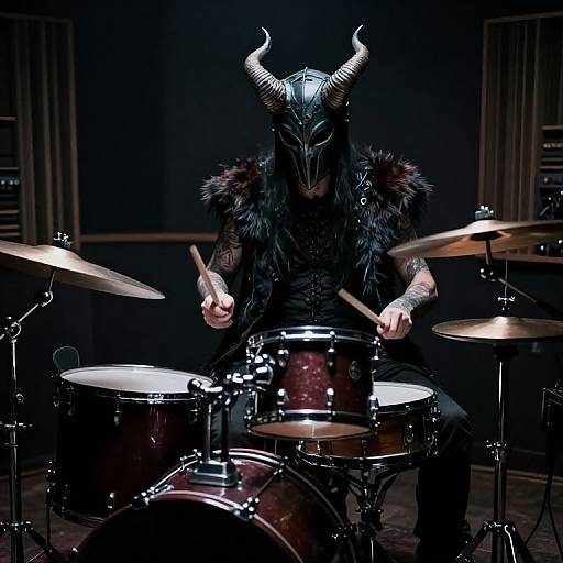 Photograph of a dark, demonic drummer in a black, fur-trimmed vest and horned mask, playing a maroon drum set in a