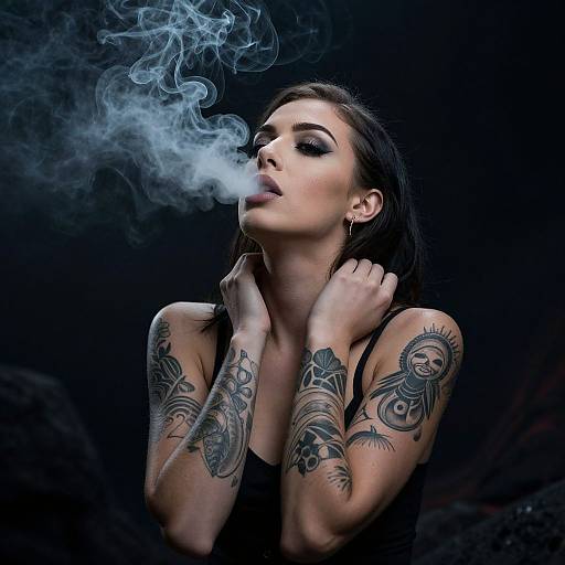Tattooed woman exhaling smoke against dark background, wearing black tank top, eyes closed, hands near neck, detailed arm tattoos. Photograph.