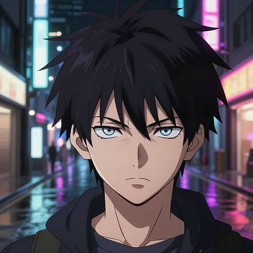 Anime-style digital drawing of a serious-looking young man with spiky black hair, blue eyes, and a black hoodie in a neon-lit, rainy