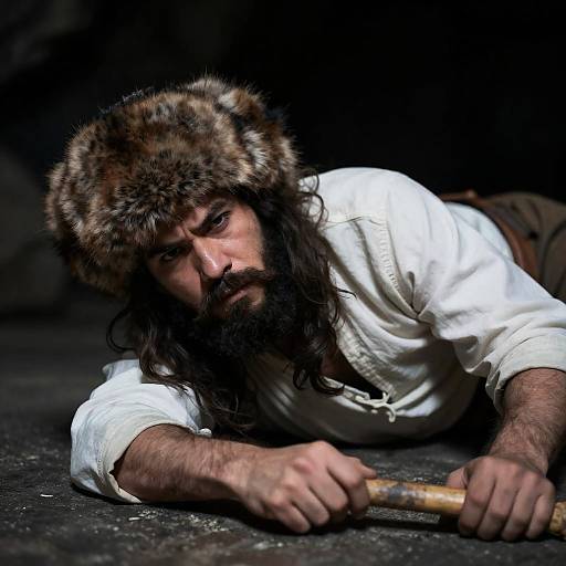 Intense Bearded Man in Dim Cavern