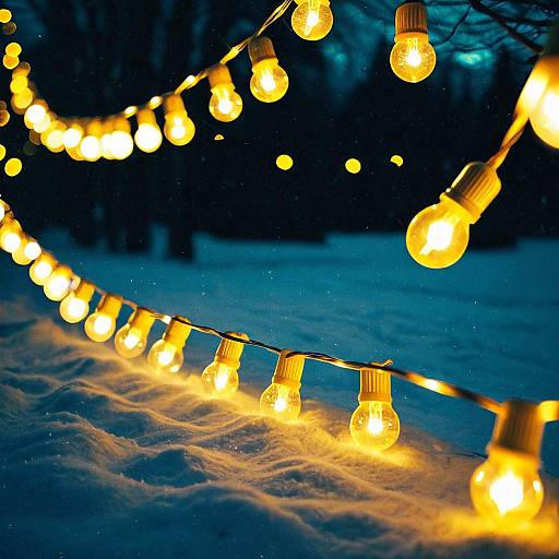 String Lights Glowing on Snowy Winter Night
