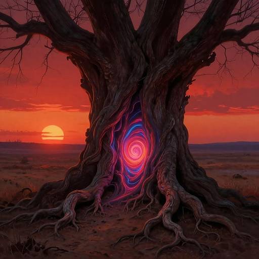 Photograph of a twisted, ancient tree with a glowing, vibrant red and blue spiral at its center, set against a vivid orange sunset in a barren