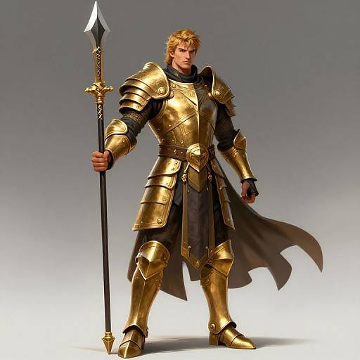 CGI image of a blond, muscular man in gold medieval armor with a long cape, holding a spear with a diamond-shaped tip.