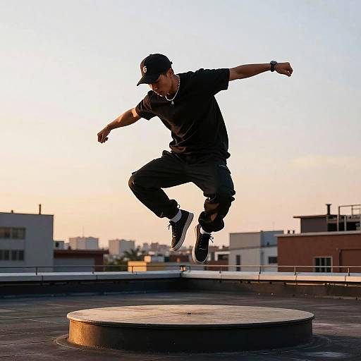 Photograph of a young man in black clothes and cap performing a mid-air skate trick over a rooftop circular platform at sunset.