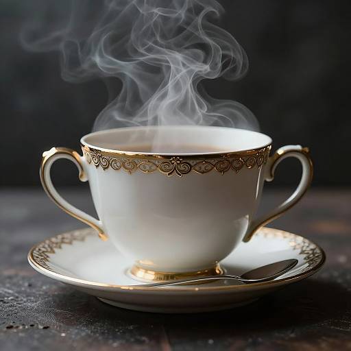 Photograph of a white, ornate teacup with gold trim and handles, steaming, on a matching saucer with a silver spoon,