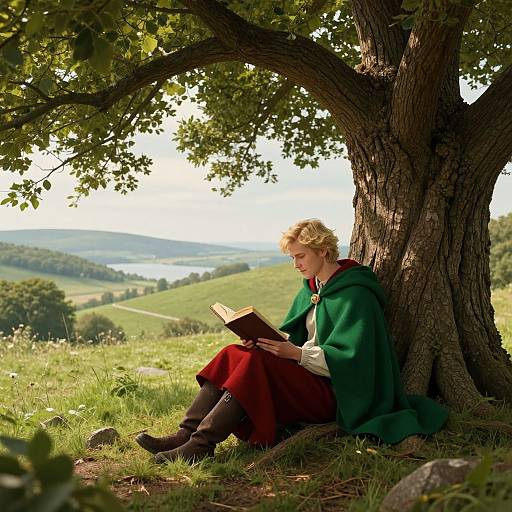 Photograph of a blonde woman with fair skin, wearing a green cloak, red dress, and black boots, sitting under a tree, reading a book
