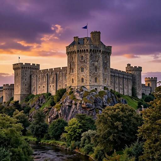 Photograph of a medieval stone castle with crenellated towers and a flag, perched on a rocky hill, under a dramatic sunset sky with