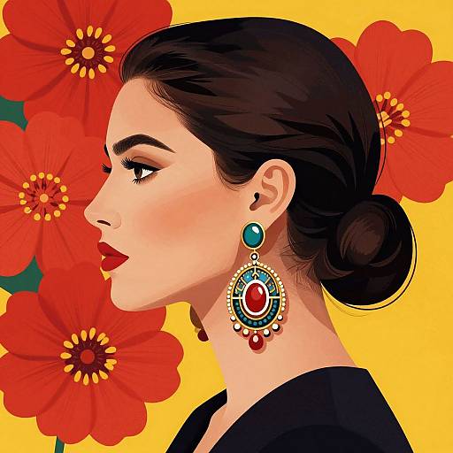 Digital illustration of a woman with dark hair in a bun, red lipstick, turquoise and red earrings, black top, against a yellow background with large red