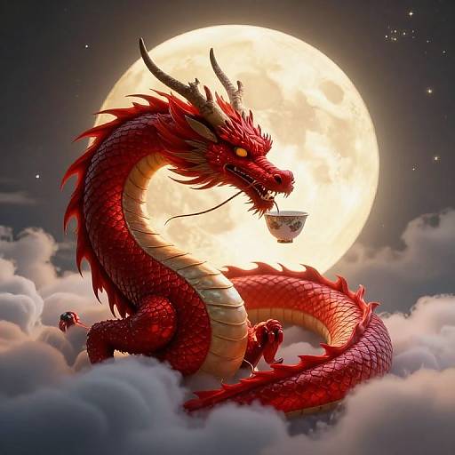 Digital art of a red dragon with sharp horns and scales, holding a bowl, sitting on clouds under a full moon.