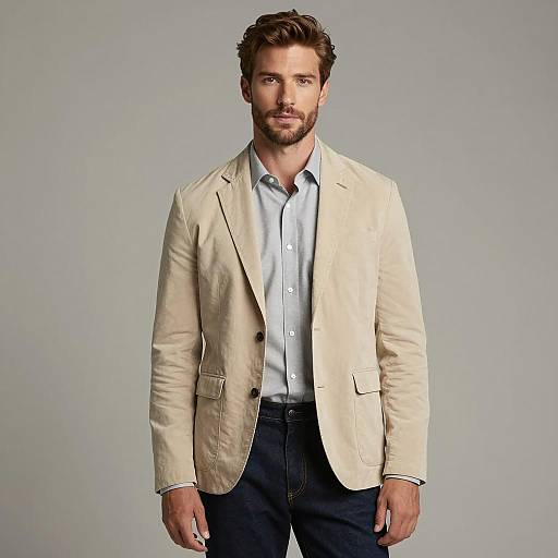 Handsome man in beige blazer and dark jeans