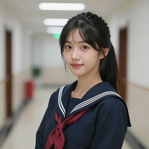 Asian Schoolgirl in Navy Uniform