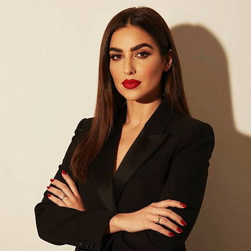 Photograph of a confident woman with long brown hair, red lipstick, black blazer, and crossed arms, casting a shadow against a white background.