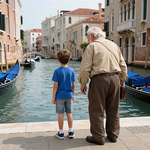 Photograph of an elderly man with white hair and tan shirt, and a young boy in blue shirt and shorts, standing on a canal sidewalk in Venice