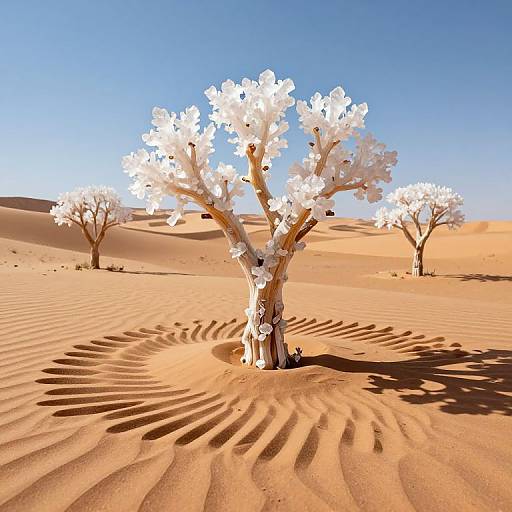 Photorealistic CGI of a white, flowering tree in a sunlit desert with rippled sand, clear blue sky, and two distant similar trees.