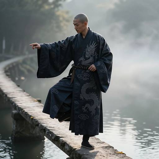 Photograph of a bald, East Asian man in a black dragon-patterned robe, standing on a misty wooden dock, pointing forward, with a