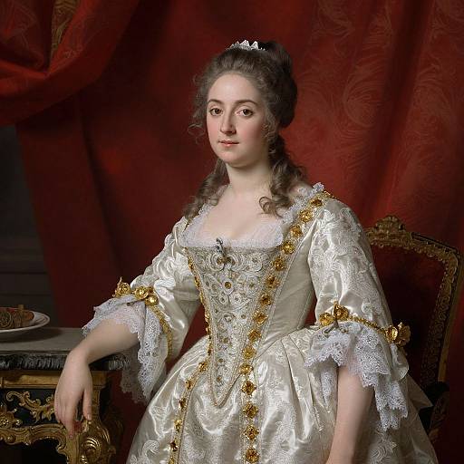Photograph of 18th-century aristocratic woman in an ornate, cream silk gown with gold embroidery, lace trim, and pearl necklace, seated