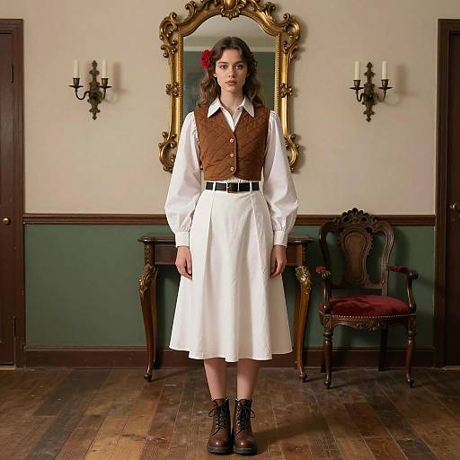 Young Woman in Vintage Outfit Standing in Classic Room