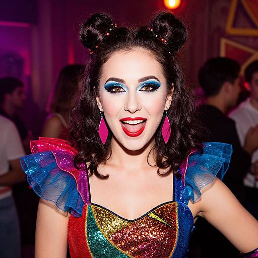 Photograph of a glamorous woman with dark hair in double buns, vibrant blue and pink eyeshadow, red lipstick, colorful sequin dress,