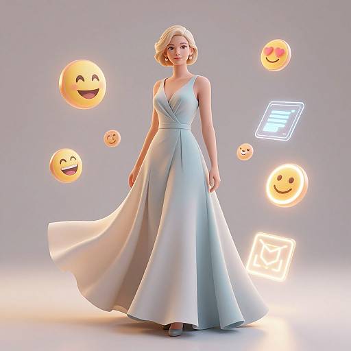 3D CGI image of a blonde woman in a flowing light blue evening gown, surrounded by glowing smiley faces and neon signs.