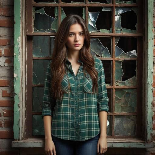 Young Woman in Plaid Shirt by Broken Window