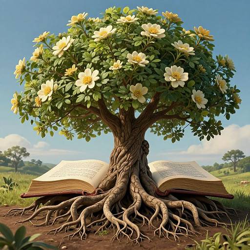 Digital illustration of a tree with white flowers, its roots intertwining with an open book, set in a sunny, grassy field.