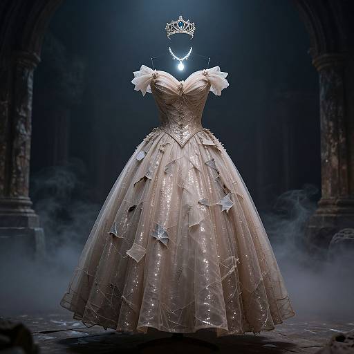 Photograph of an elegant, off-the-shoulder, ivory ball gown with sparkling accents, full tulle skirt, and a silver crown atop a
